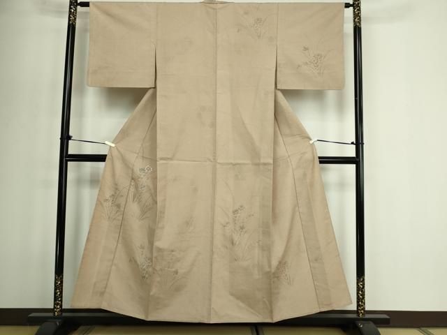 平和屋着物▽訪問着　単衣　紬地　刺繍　草花文　正絹　逸品　DABF8915sf