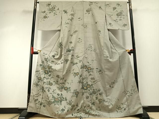 平和屋着物●訪問着　紬地　刺繍　花唐草文　金糸　正絹　逸品　未使用　AABI9421fy