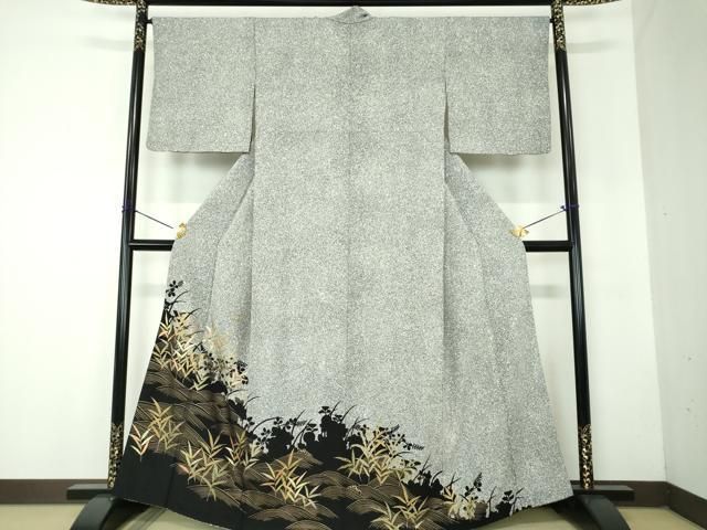 平和屋着物●訪問着　立波草葉文　草花シルエット　たたき染め　金彩　正絹　逸品　DABF7803ps