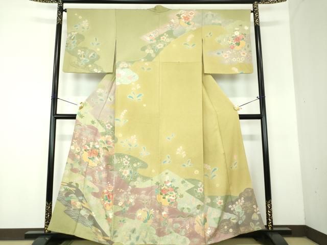 平和屋着物●訪問着　作家物　駒刺繍　絞り　雪輪吉祥花文　金彩　正絹　逸品　DABF7827ps