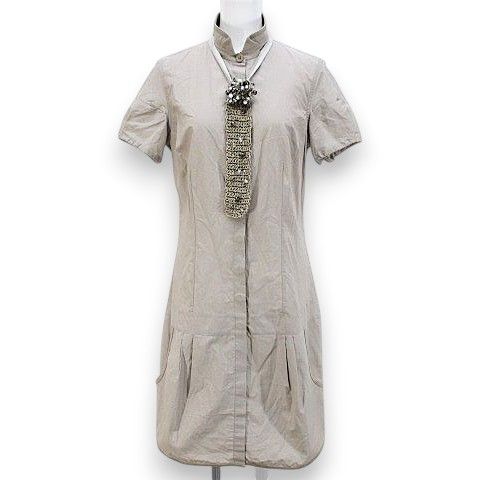 ブルネロクチネリ BRUNELLO CUCINELLI DD52113 半袖 ワンピース 膝丈 S ベージュ ビーズ ニットスカーフ ネックレス パイピング タック イタリア製