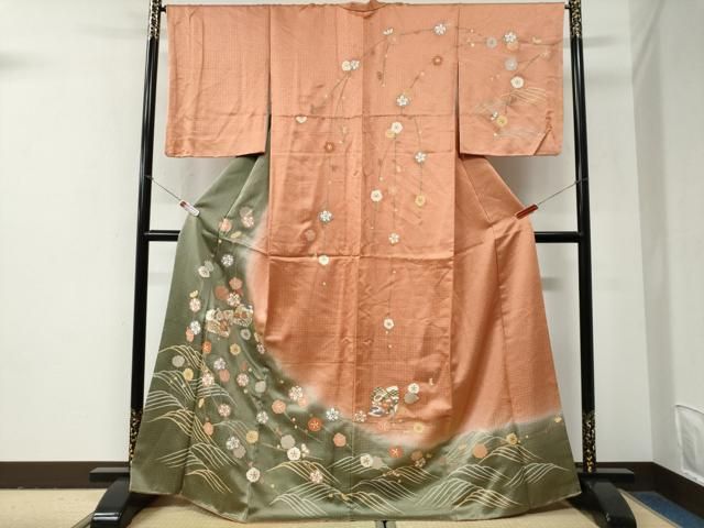 平和屋着物●訪問着　立波花蝶唐草文　暈し染め　金彩　正絹　逸品　CABG0964yc
