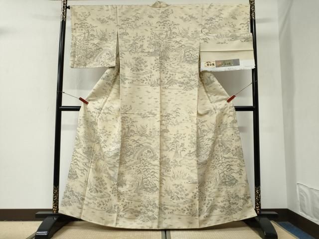 平和屋着物●白山紬 訪問着 流水渡り橋松竹梅風景文 証紙付き 正絹 逸品 CABG0966yc