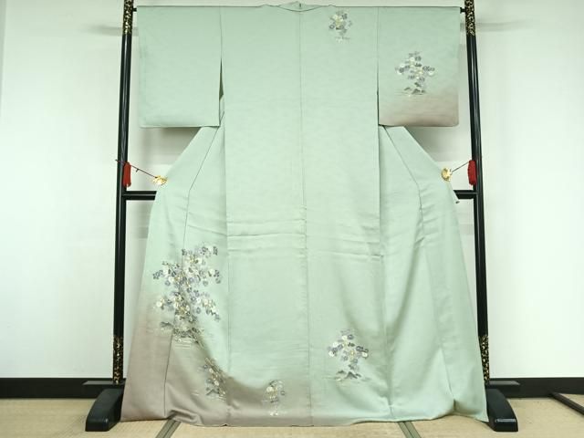 平和屋着物▽訪問着 単衣 駒刺繍 流水花文 暈し染め ロング丈 正絹 逸品 AABJ3554jh
