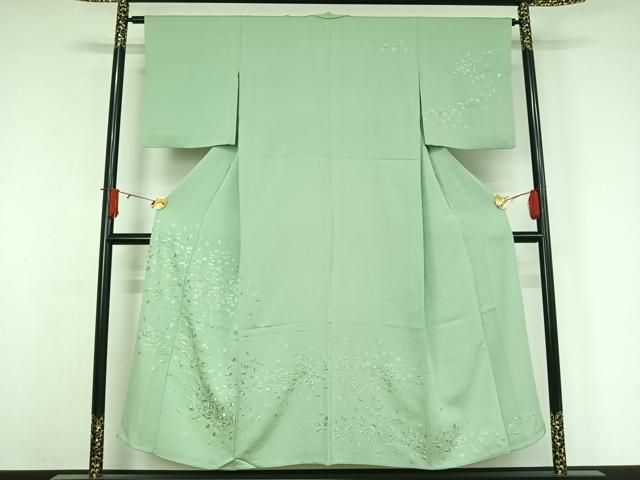 平和屋着物▽訪問着　単衣　総刺繍　吹き寄せ文　錆青磁色　金糸　正絹　逸品　AABJ3555jh