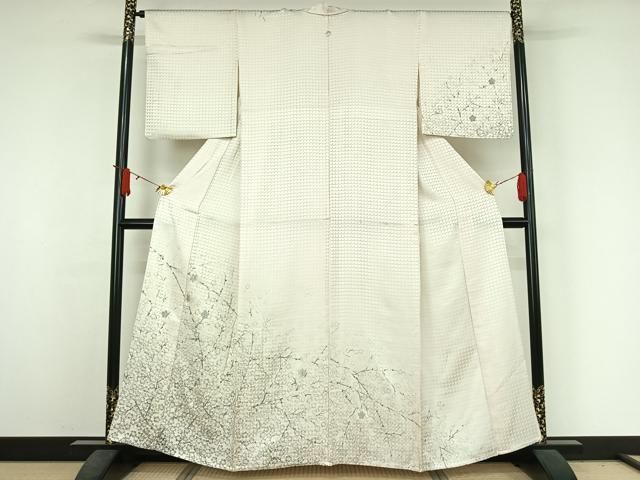 平和屋着物▽訪問着　単衣　手描き　刺繍　枝花文　金糸　正絹　逸品　AABJ3558jh
