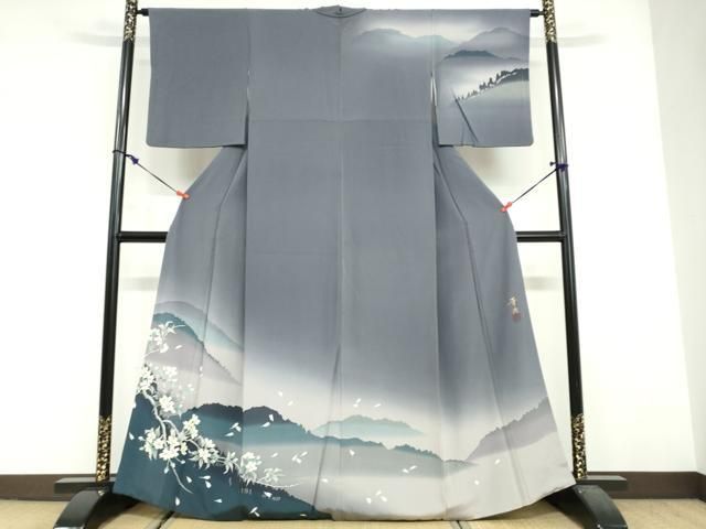 平和屋着物●巨匠　前田華清　手描き　訪問着　枝桜風景文　暈し染め　正絹　逸品　DABF1894ud