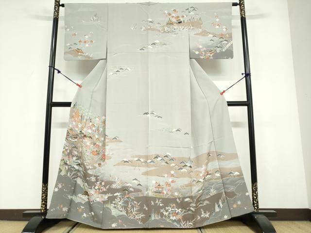 平和屋着物●訪問着　流水風景草花文　金彩　正絹　逸品　DABF1915ud