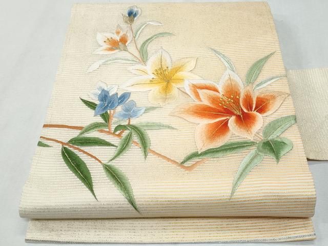 平和屋着物＊夏物　九寸名古屋帯　総手刺繍　枝花文　金糸　正絹　逸品　CABG9896fb