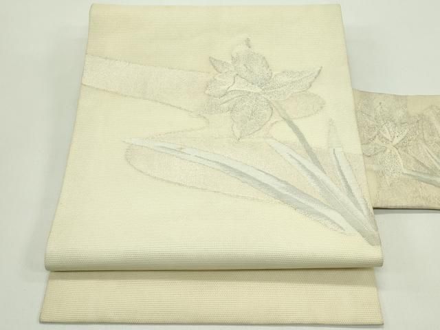 平和屋着物＊夏物　九寸名古屋帯　草花文　銀糸　正絹　逸品　CABH5688rv