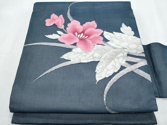 平和屋着物＊夏物　九寸名古屋帯　草花文　銀糸　正絹　逸品　CABG9917fb