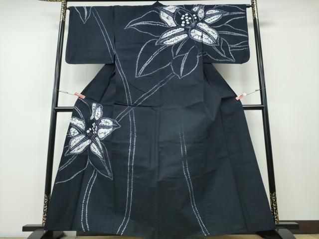 平和屋着物∴夏物　浴衣　有松鳴海絞り　訪問着　百合　ゆり　濃紺地　綿　逸品　CABH1340ng