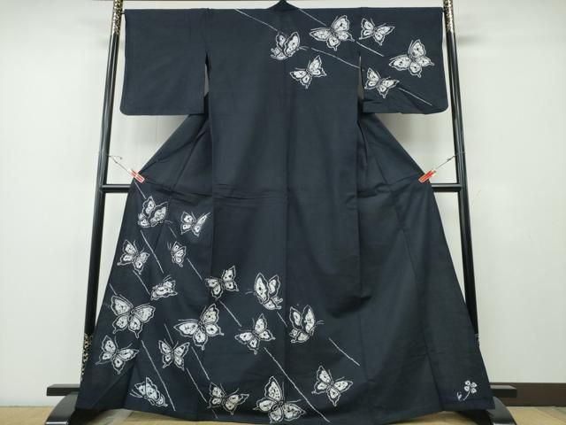 平和屋着物∴夏物　浴衣　有松鳴海絞り　訪問着　舞蝶文　濃紺地　綿　逸品　CABH1341ng