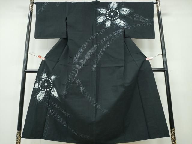 平和屋着物∴夏物　浴衣　有松鳴海絞り　訪問着　舞花枝松　黒地　綿　逸品　CABH1342ng