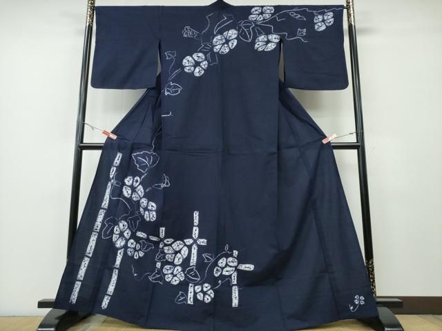 平和屋着物∴夏物　浴衣　有松鳴海絞り　訪問着　朝顔　竹垣文　濃藍色　綿　逸品　CABH1344ng 38,870円