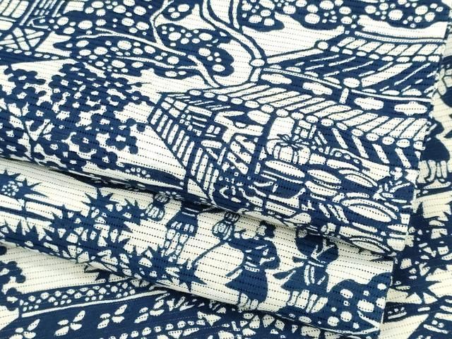 平和屋着物＊夏物　浴衣・小紋兼用　綿絽　藍　型染め　人物風景文　綿　逸品　CABH0928ou