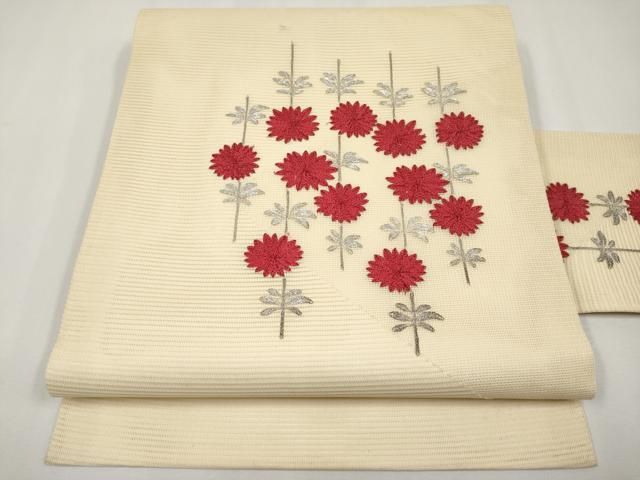 平和屋着物＊夏物　九寸名古屋帯　総刺繍　駒刺繍　枝花文　正絹　逸品　CABH6083tx