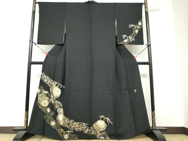 平和屋着物●染織作家　染織デザイナー　大島明　訪問着　道長草花文　黒地　金銀彩　さが美扱い　正絹　逸品　DABF1323ud