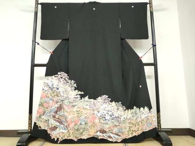 平和屋着物●本加賀友禅作家　浅野冨治男　黒留袖　流水草花文　正絹　逸品　DABF1332ud