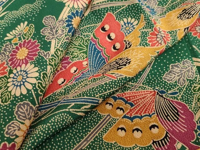 平和屋着物●上質な小紋　型染め　花蝶文　鬼しぼ縮緬　正絹　逸品　DABF1336ud