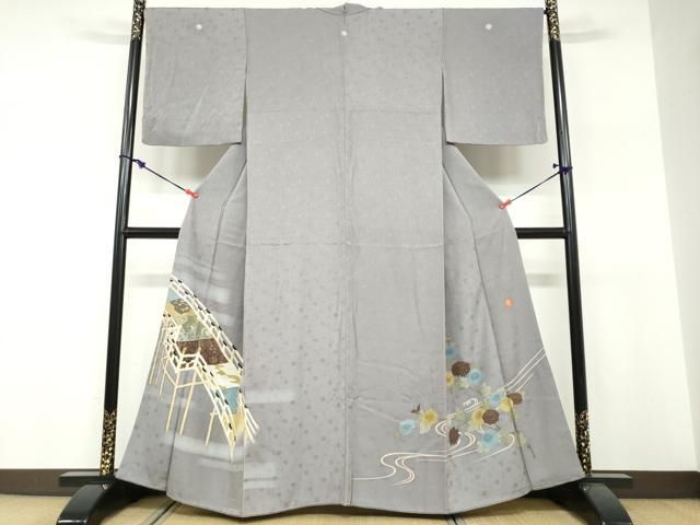 平和屋着物●ファッションデザイナー 花井幸子　色留袖　刺繍　流水渡橋草花文　金彩　正絹　逸品　DABF1353ud