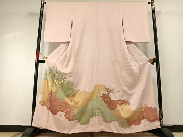 平和屋着物●豪華色留袖　駒刺繍　枝花文　金彩　正絹　逸品　AABI2003fy