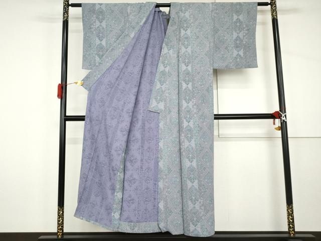 平和屋着物▽上質な小紋 単衣 更紗花鳥文 鬼しぼ縮緬 正絹