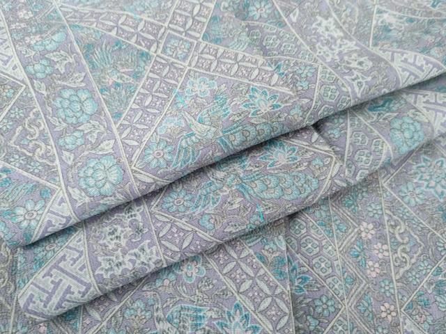 平和屋着物▽上質な小紋　単衣　更紗花鳥文　鬼しぼ縮緬　正絹　逸品　AABI8068cs