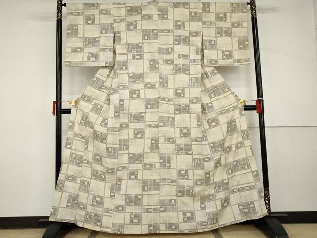 平和屋着物▽本塩沢　単衣　変わり格子　正絹　逸品　AABI8070cs