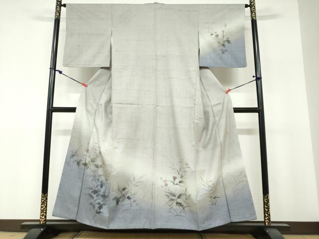 平和屋着物●訪問着　作家物　紬地　手描き　草花文　正絹　逸品　DABF1294ud