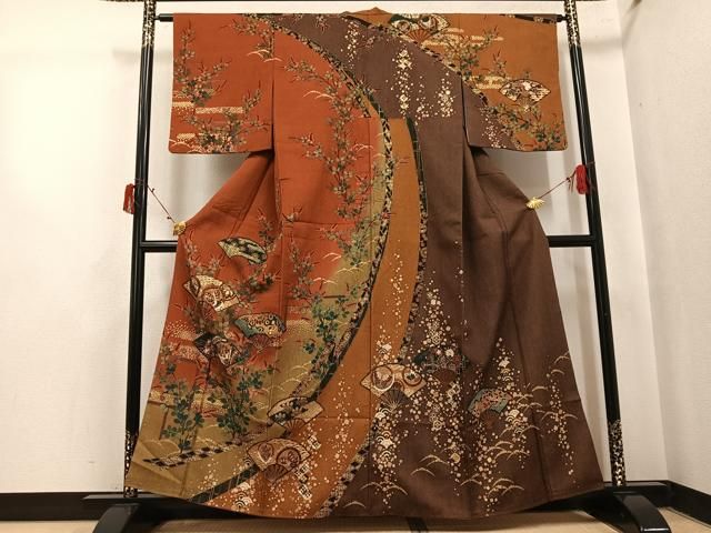 平和屋着物●訪問着　扇面花鳥舞蝶文　暈し染め　金彩　正絹　逸品　AABI8523ph