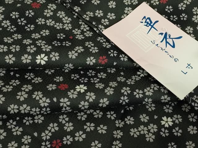 平和屋着物▽小紋　単衣　舞桜文　黒地　洗える着物　未使用　DABE4852az