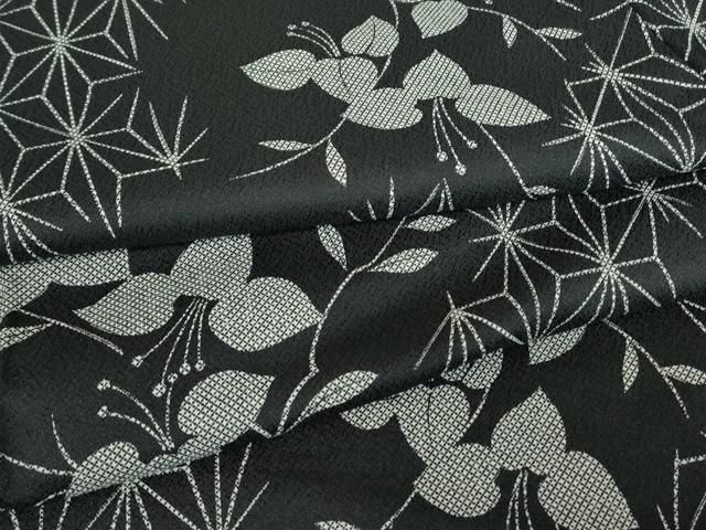 平和屋着物▽小紋　単衣　麻の葉花文　黒地　洗える着物　DABE4853az