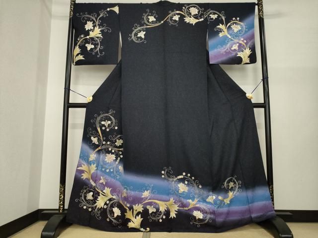 平和屋着物●訪問着　花唐草文　暈し染め　金彩　銀通し地　正絹　逸品　AABI7970ck