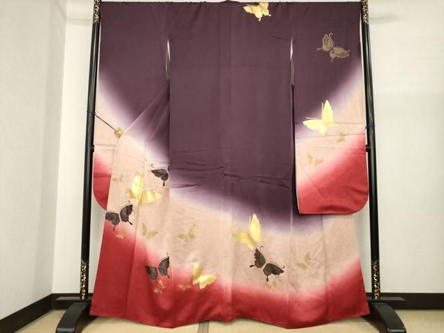 平和屋着物●豪華振袖　舞蝶文　暈し染め　金彩　正絹　逸品　AABI7972ck