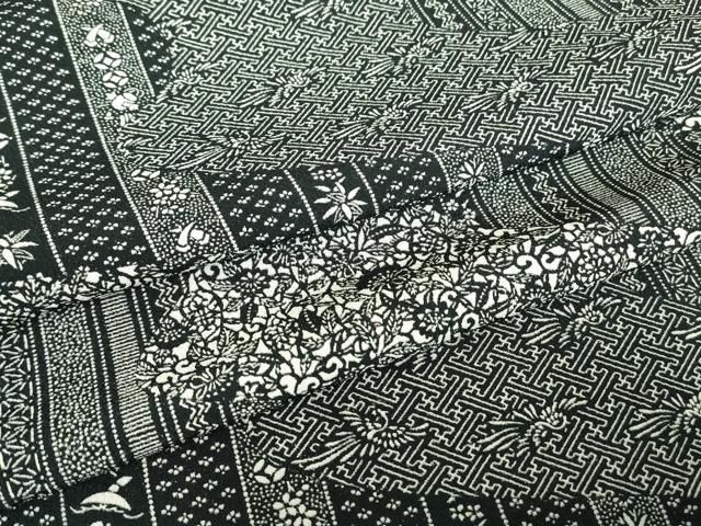 平和屋着物▽小紋　単衣　飛鳥宝尽くし花文　黒地　洗える着物　DABE4861az