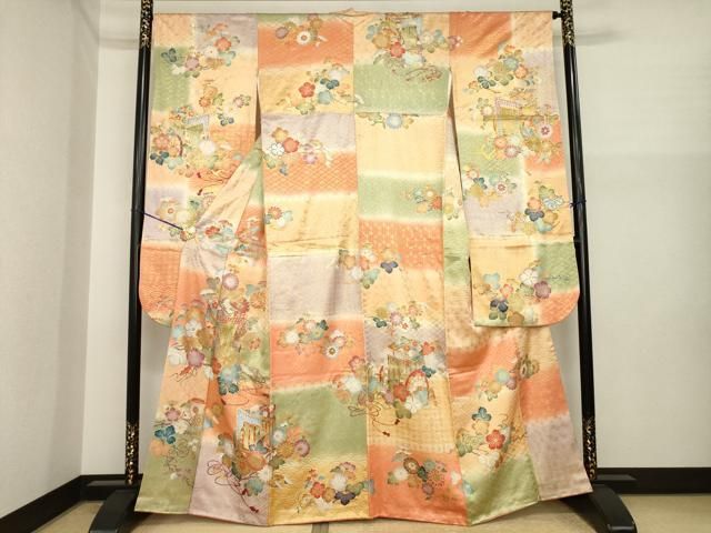 平和屋着物●豪華振袖　若紫　駒刺繍　御所車花文　金彩　正絹　逸品　AABI7976ck