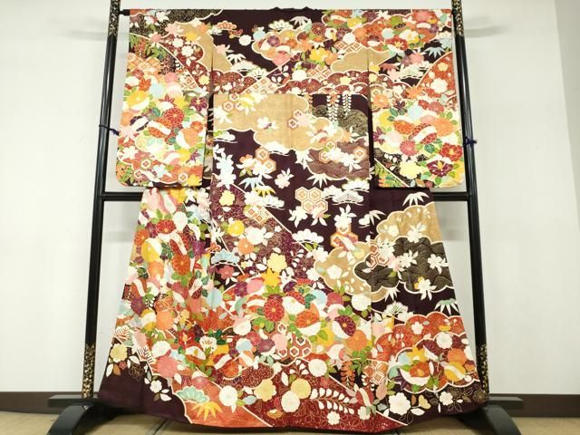 平和屋着物●小振袖　二尺袖　背抜き仕立て　駒刺繍　吉祥草花文　金彩　正絹　逸品　DABF1255ud