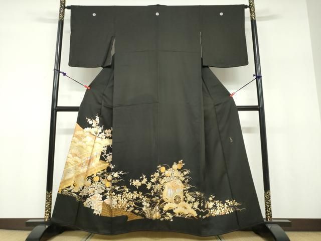平和屋着物●金彩友禅　卓越技能者・名工・和田光正　黒留袖　平安御所車草花文　金銀彩　正絹　逸品　DABF1258ud