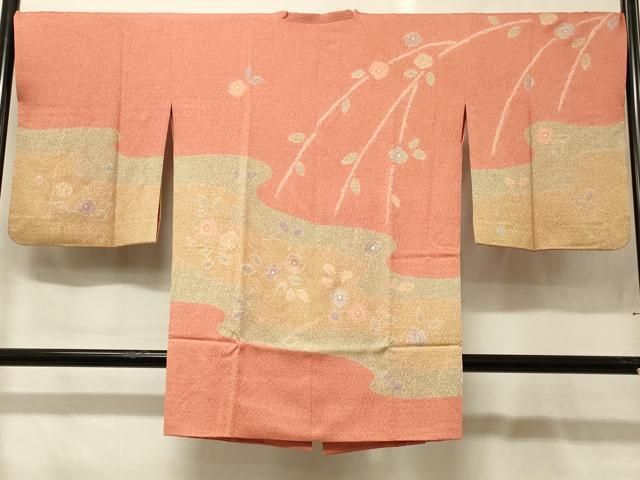 平和屋着物＃道行コート　霞草花文　金彩　ロング丈　正絹　逸品　CABG8107in