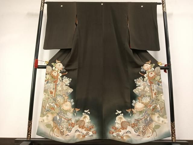 平和屋着物●アンティーク　大正ロマン　黒留袖　両褄　駒刺繍　扇面花文　暈し染め　正絹　逸品　AABI1999fy
