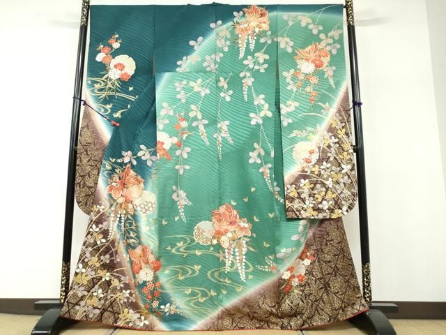 平和屋着物●豪華振袖　雪輪花蝶文　暈し染め　金彩　正絹　逸品　DABF1239ud