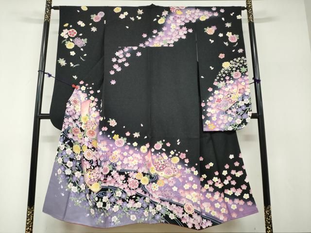 平和屋着物●豪華振袖　手毬草花文　黒地　金彩　銀通し地　正絹　逸品　DABF1240ud