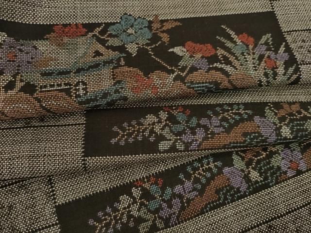 平和屋着物●本場大島紬　カタス9マルキ　横段風景花文　正絹　逸品　AABI7957ck