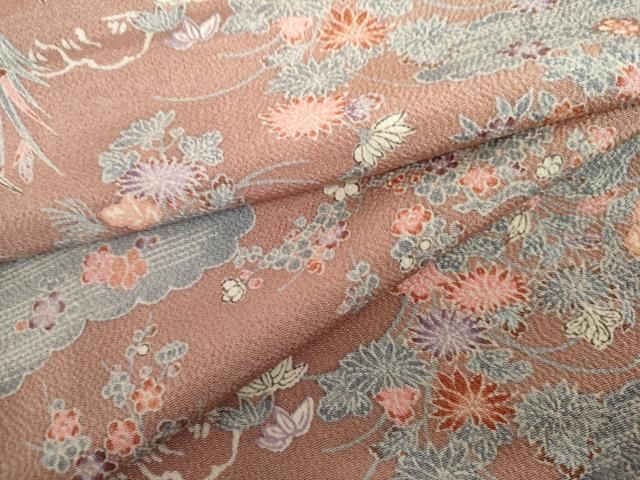 平和屋着物▽上質な小紋　単衣　雲取り草花文　鬼しぼ縮緬　正絹　逸品　AABI8014cs