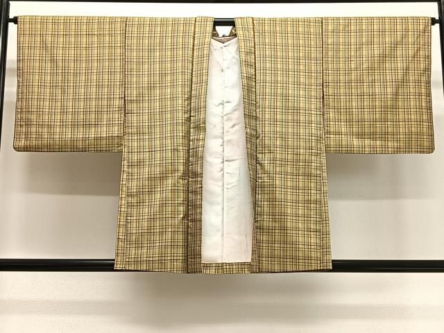 平和屋着物＃羽織　紬地　格子　正絹　逸品　CABG3858ua