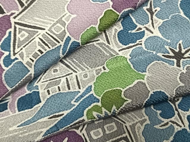 平和屋着物●上質な小紋　風景文　鬼しぼ縮緬　正絹　逸品　AABI1989fy