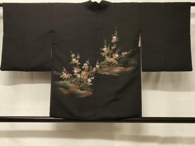 平和屋着物＃羽織　寿光織　雲取り貝桶花文　黒地　金銀糸　正絹　逸品　CABG8071in