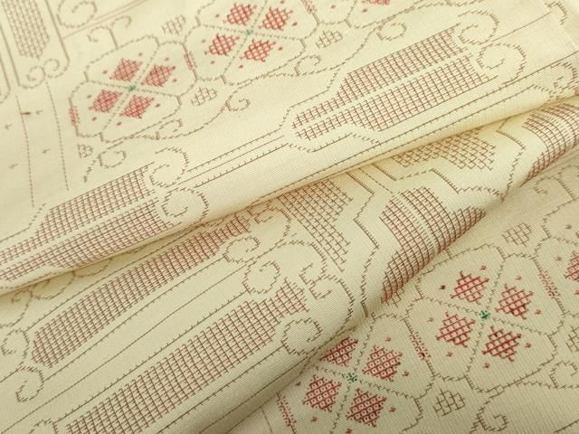 平和屋着物▽上質な紬　単衣　幾何学花文　正絹　逸品　AABI7305cs