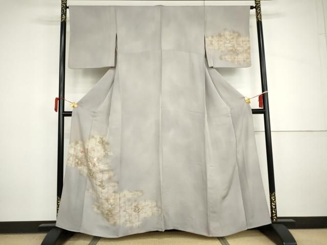 平和屋着物▽訪問着　単衣　刺繍　草花文　暈し染め　金糸　金彩　正絹　逸品　AABI7308cs